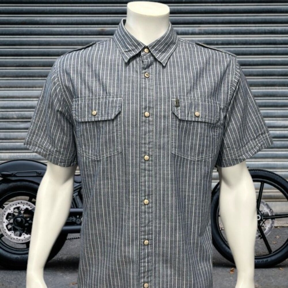 Harley Davidson Blue Stripe Pearl Snap Denim Cotton Mechanic Garage Shirt XL EUC